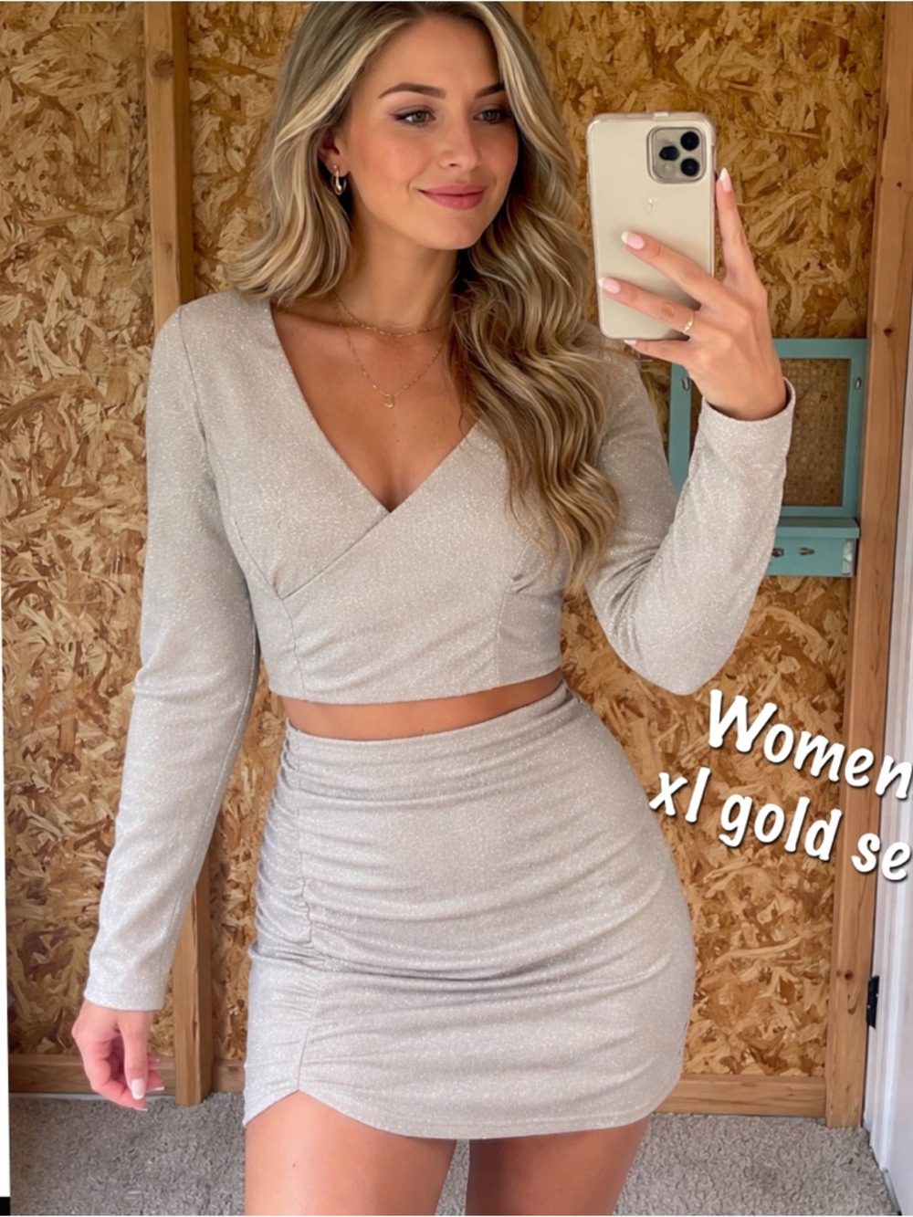 Gold Sparkle Wrap Crop Top & Skirt Set - Women's Two-Piece